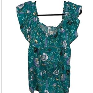 LOFT shirt Women's Floral top XS off the shoulder ruffled linen blend botanical